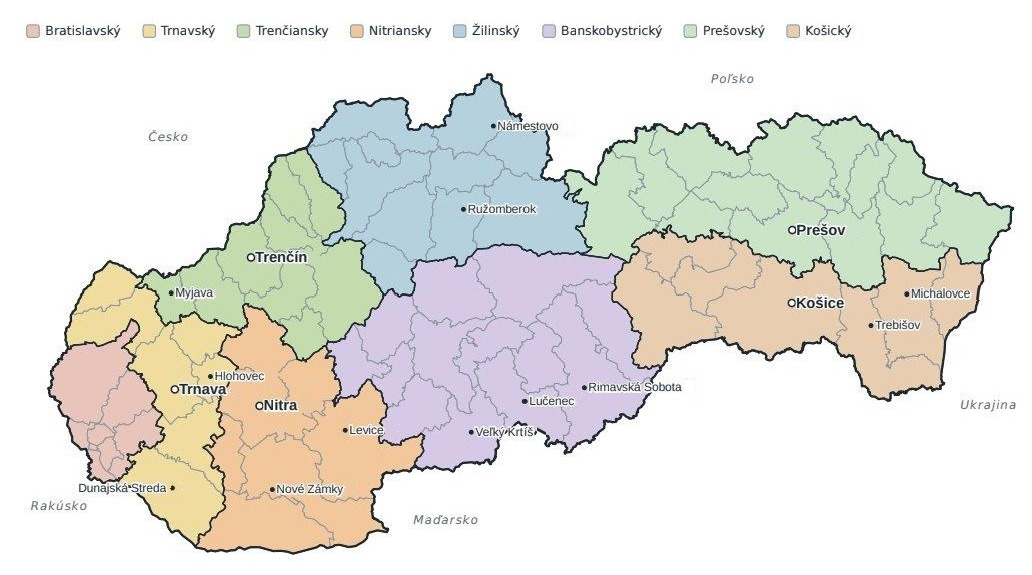 Mapa Slovenska so 17 mestami, v ktorých má MANNET servisných technikov